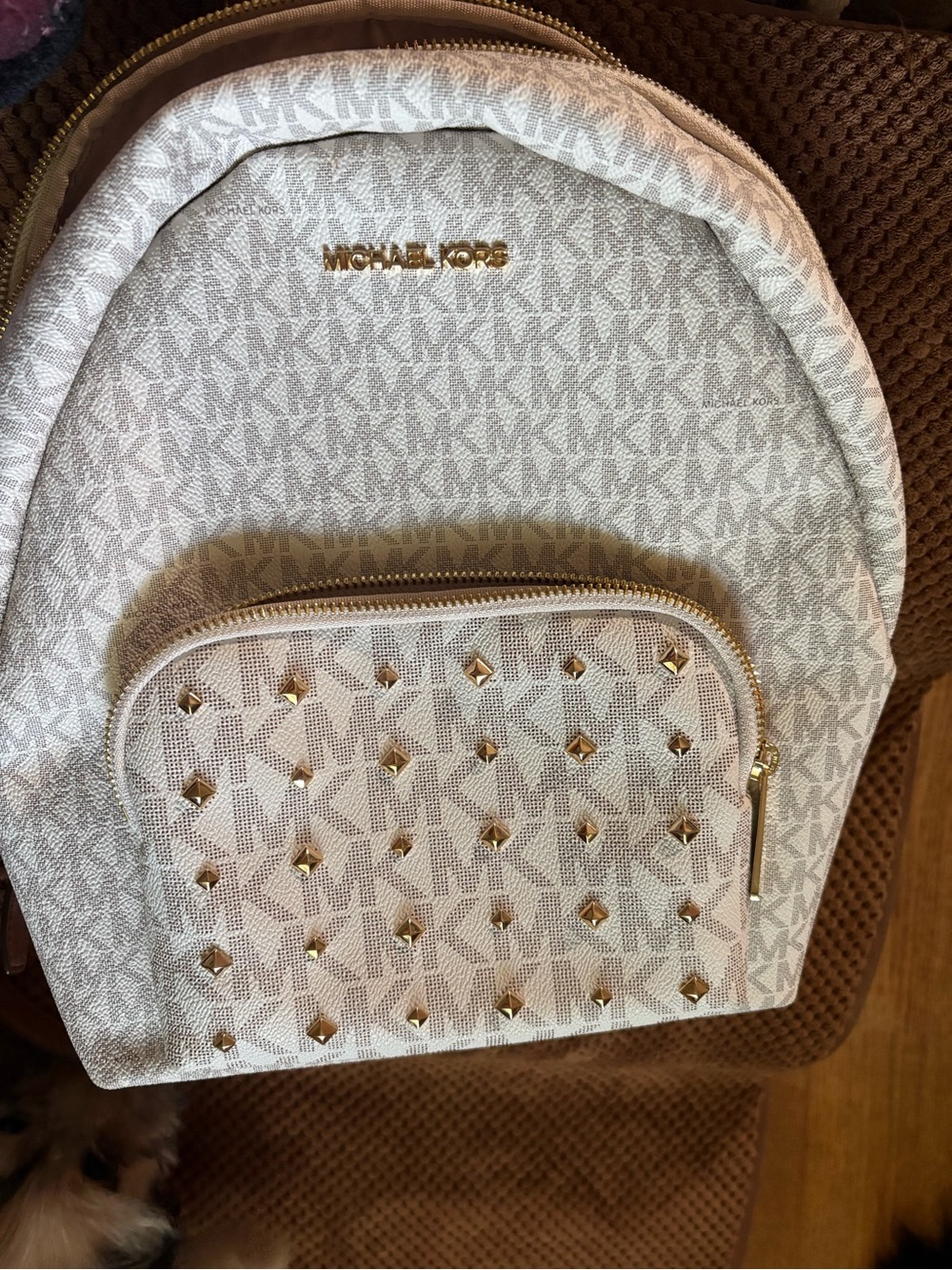 Michael Kors Cream Logo Studded Backpack with Gold Hardware